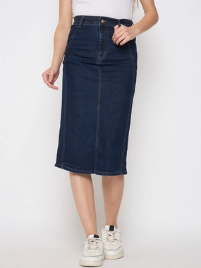 Emerging Designer Madame Seam Detailed Dark Blue Denim Midi Skirt