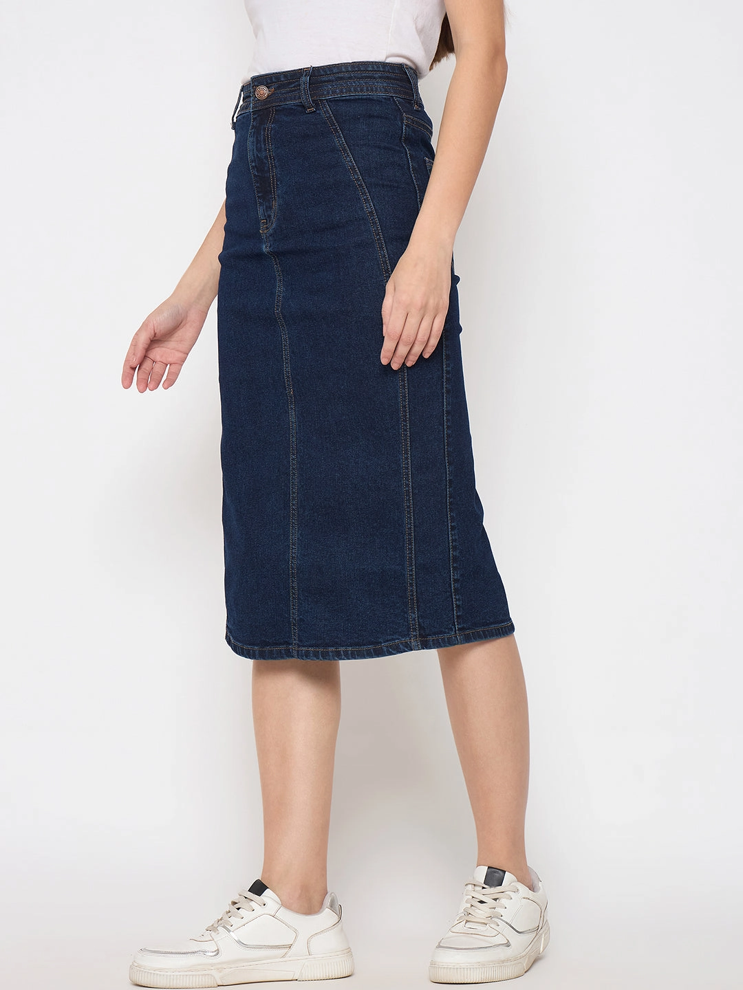 Elegant Flow Lightweight Fabric Madame Seam Detailed Dark Blue Denim Midi Skirt