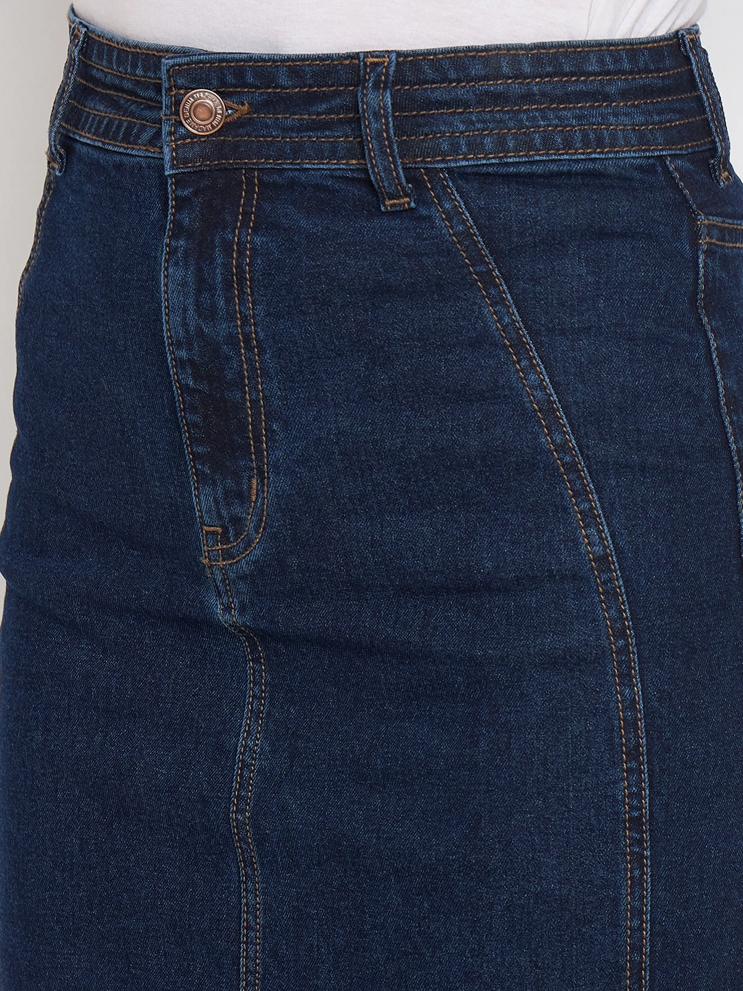 Mid Length Madame Seam Detailed Dark Blue Denim Midi Skirt