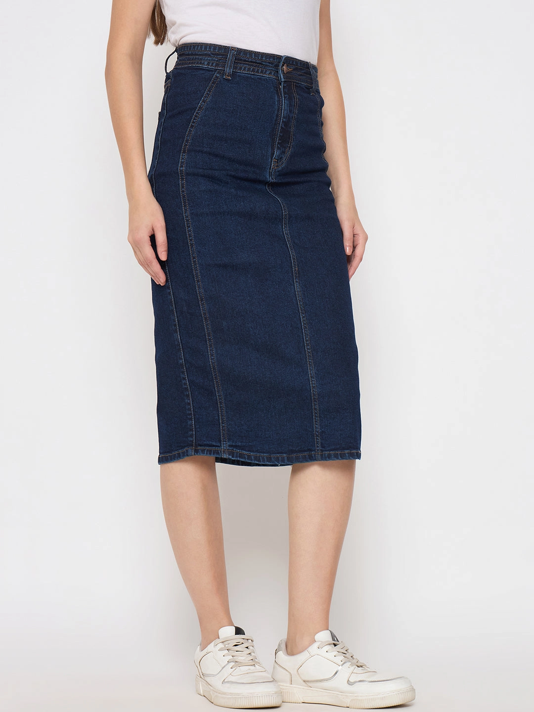Seamless Finish Transitional Wear Madame Seam Detailed Dark Blue Denim Midi Skirt