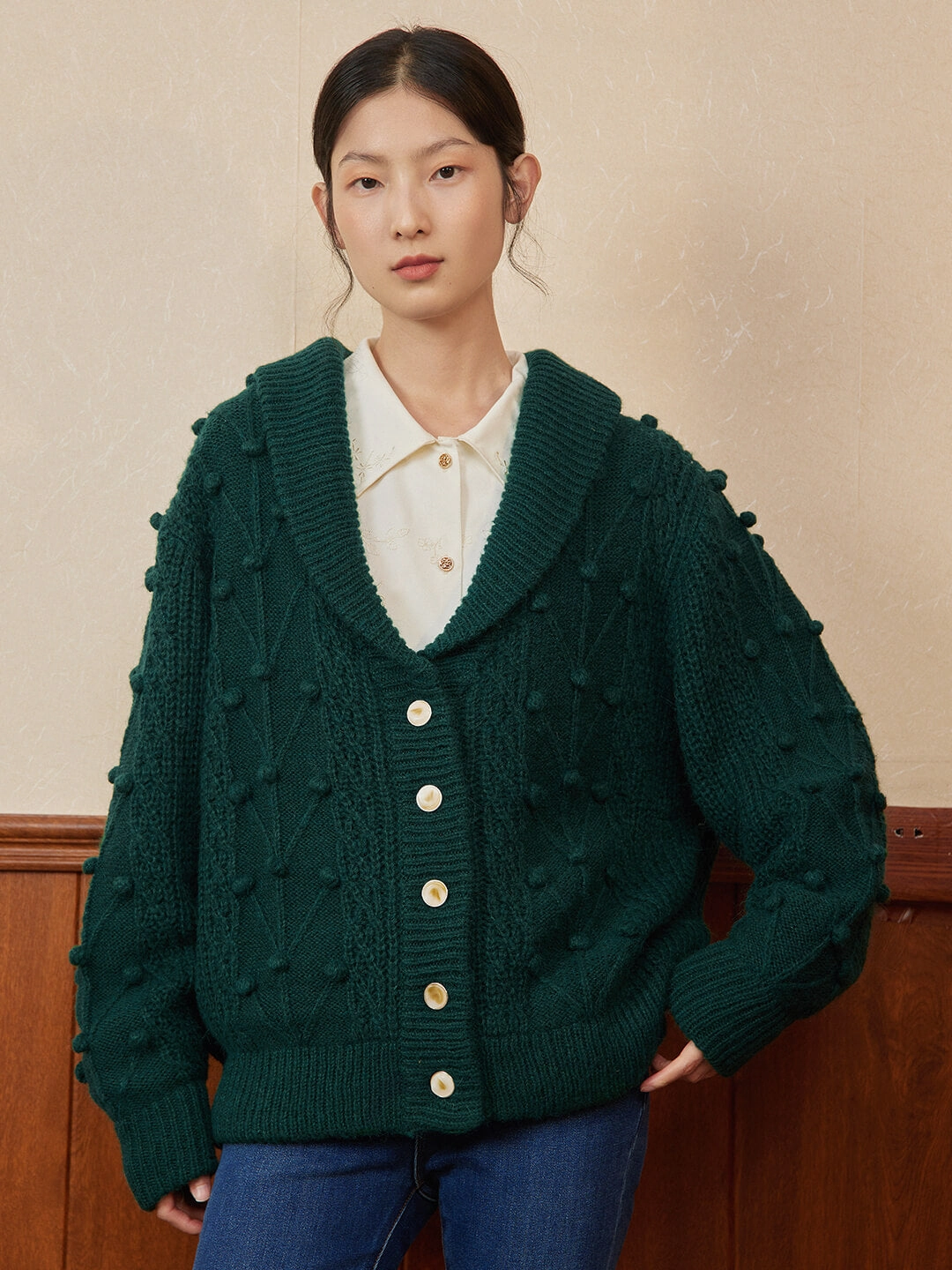 ??Final sale??Nataly Cable Popcorn Chunky Green Knit Cardigan Tailored Silhouette