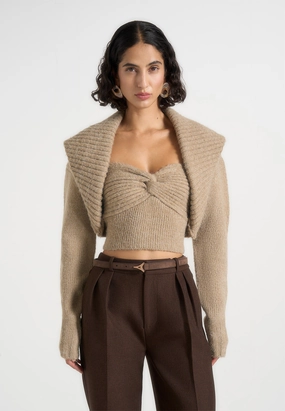 Layering Piece GarmentDyed Finish Emya - 2-in-1 Knit Shrug With Twisted Bandeau Top - Taupe