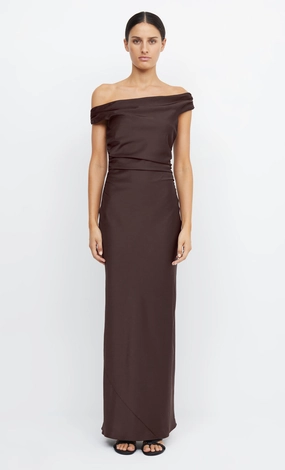 Cinched-Waist Boho Tone ETERNITY OFF SHOULDER MAXI - DARK CHOCOLATE