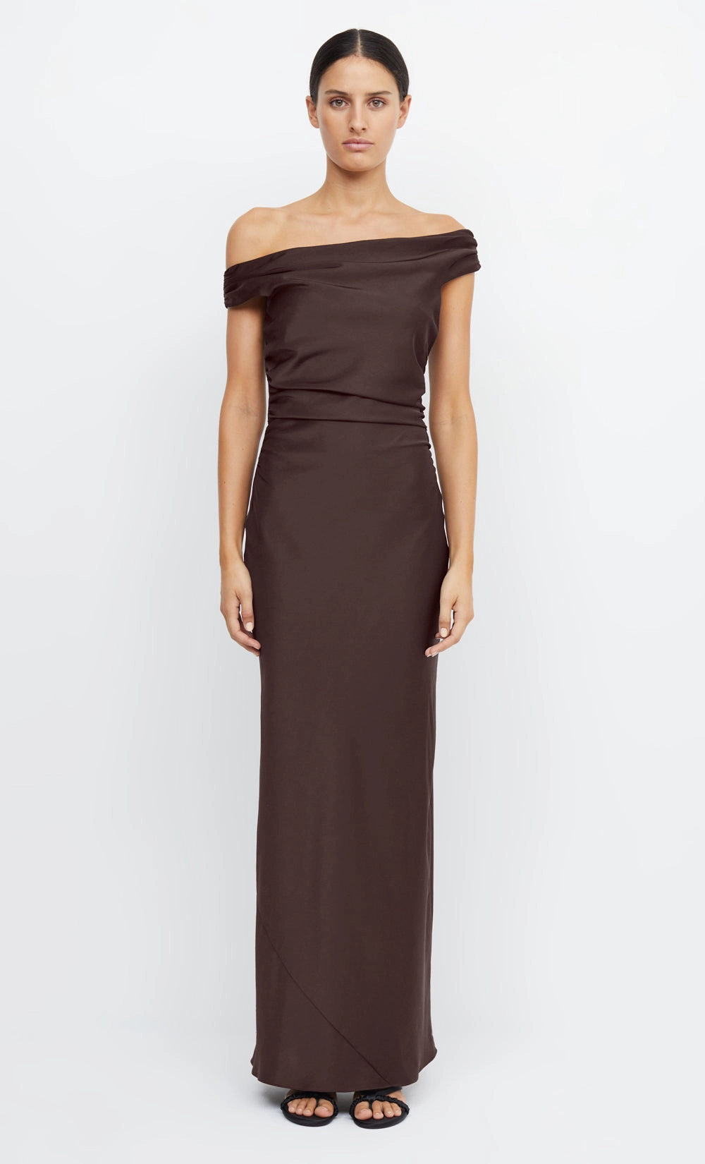 Cinched-Waist Boho Tone ETERNITY OFF SHOULDER MAXI - DARK CHOCOLATE
