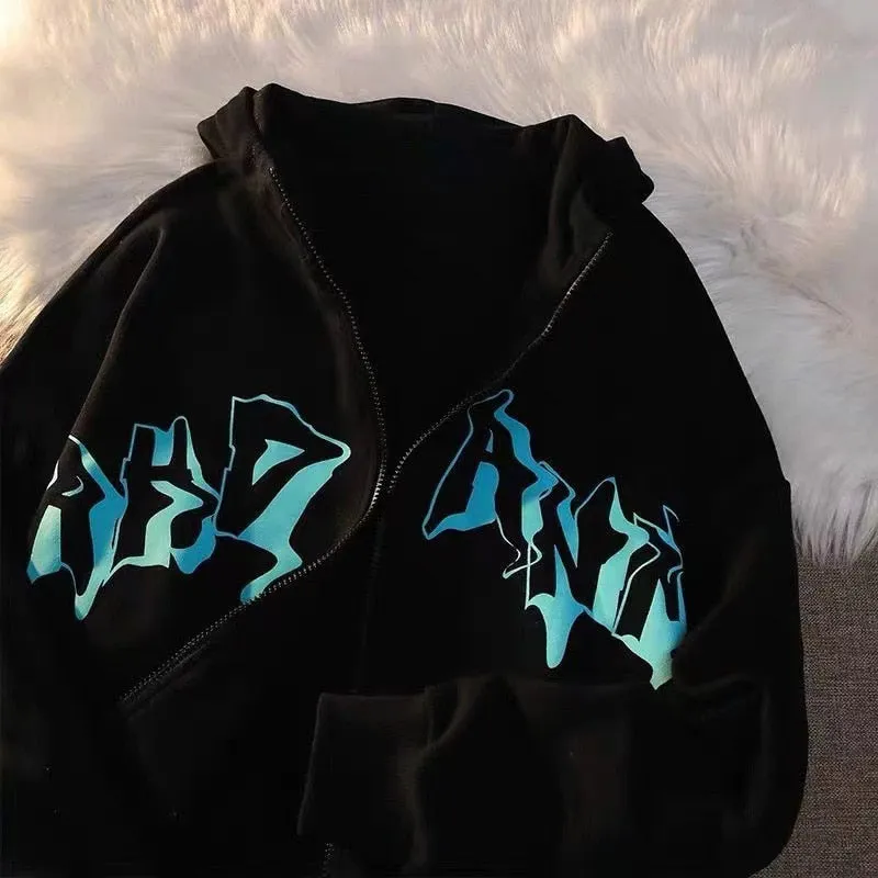 FashionSierra - Letter Print Zip Up Hoodies