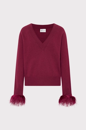 Ventilated Panels Polo Neckline Feather Cuff V-Neck Sweater