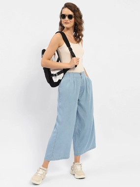 Comfy Choice Madame Wide Leg Cropped Light Blue Denim