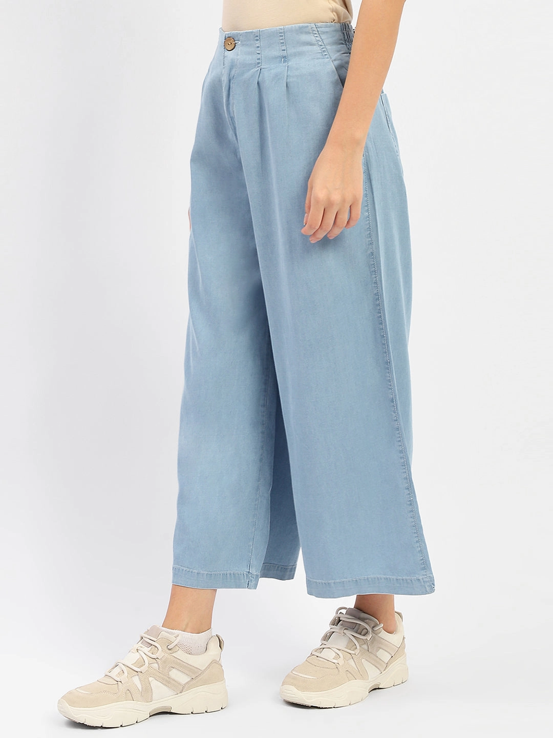 Madame Wide Leg Cropped Light Blue Denim Anti Static Material Blend
