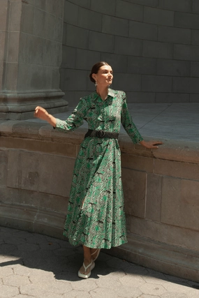 Luciana Tiger Dress Green Metallic-Shine Bow-Detail