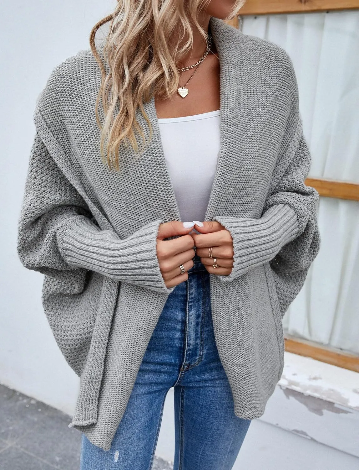FEOYA Open Front Cardigan for Women Oversized Batwing Sleeve Sweater Outwear Chunky Kimono Cardigan Slouchy Wrap Sweater