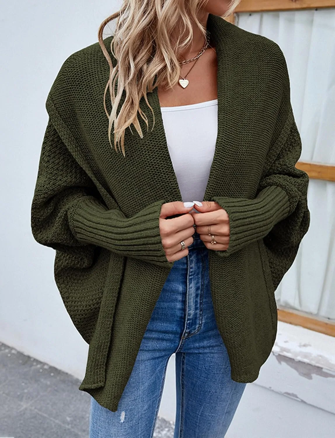 FEOYA Open Front Cardigan for Women Oversized Batwing Sleeve Sweater Outwear Chunky Kimono Cardigan Slouchy Wrap Sweater