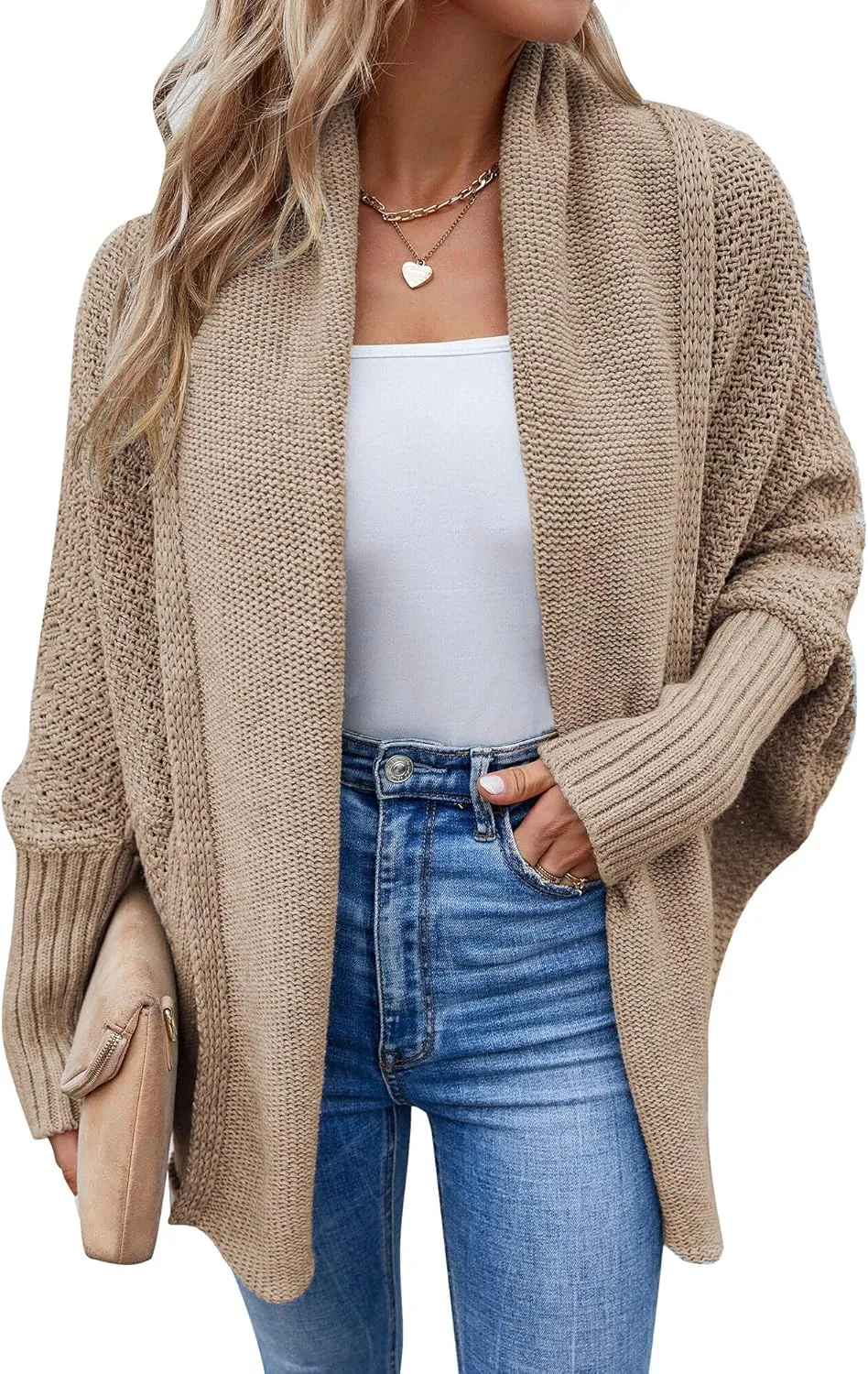 FEOYA Open Front Cardigan for Women Oversized Batwing Sleeve Sweater Outwear Chunky Kimono Cardigan Slouchy Wrap Sweater