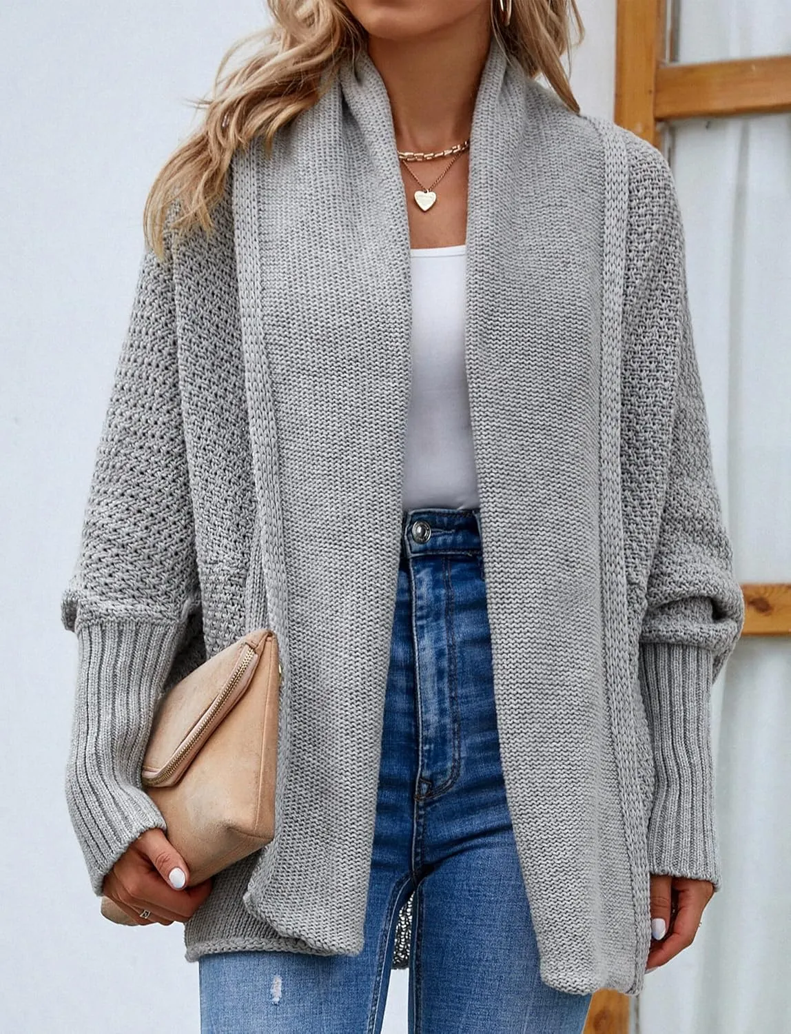 FEOYA Open Front Cardigan for Women Oversized Batwing Sleeve Sweater Outwear Chunky Kimono Cardigan Slouchy Wrap Sweater