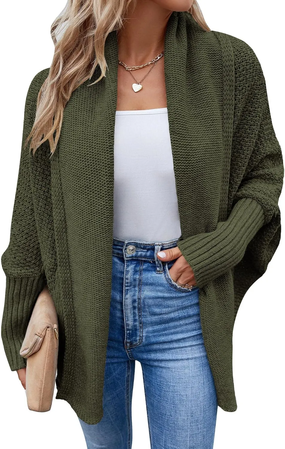 FEOYA Open Front Cardigan for Women Oversized Batwing Sleeve Sweater Outwear Chunky Kimono Cardigan Slouchy Wrap Sweater