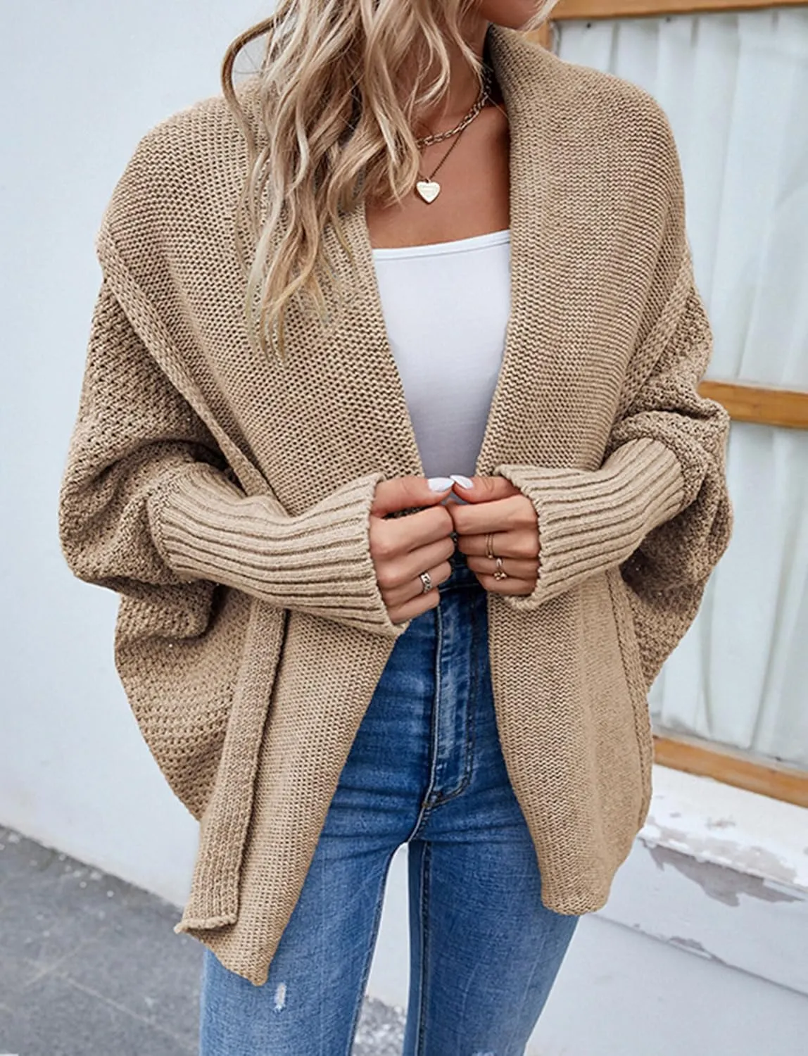FEOYA Open Front Cardigan for Women Oversized Batwing Sleeve Sweater Outwear Chunky Kimono Cardigan Slouchy Wrap Sweater