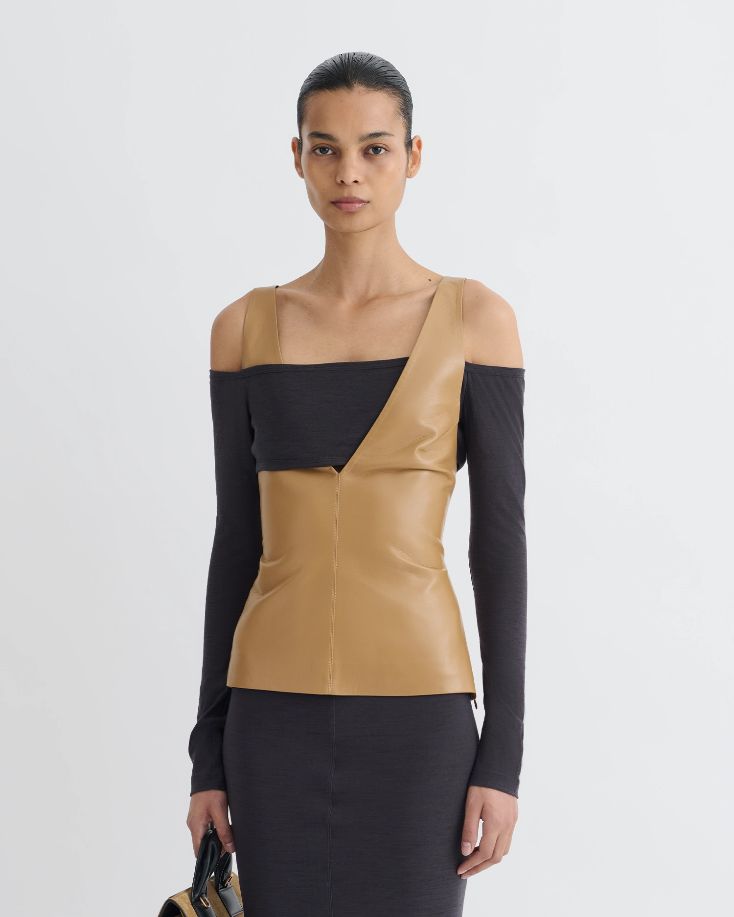Ferr - Wool Jersey and Okobor? Alt-Leather Top - Oak/Grey FourWayStretchFabric
