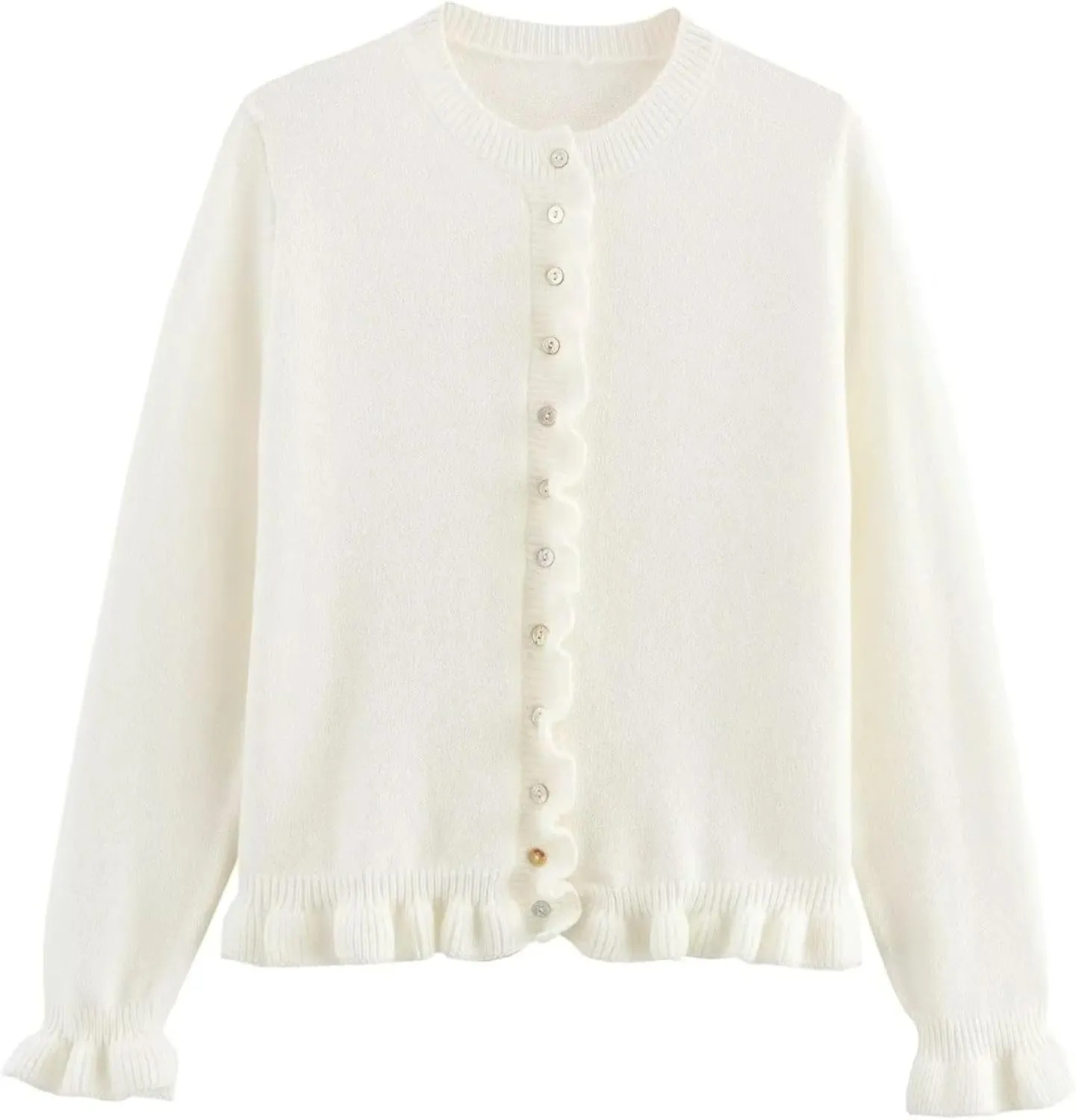 FindThy Women’s Cropped Cardigan Sweater Trendy Crewneck Ruffle Long Sleeve Button Down Knitwear Tops