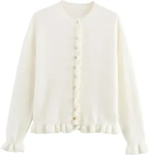 FindThy Women’s Cropped Cardigan Sweater Trendy Crewneck Ruffle Long Sleeve Button Down Knitwear Tops