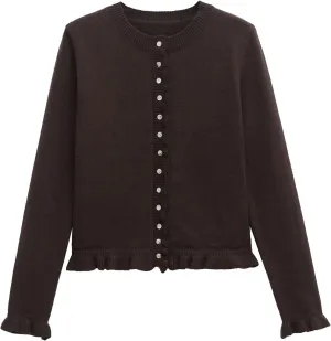 FindThy Womens Cropped Cardigan Sweater Trendy Crewneck Ruffle Long Sleeve Button Down Knitwear Tops