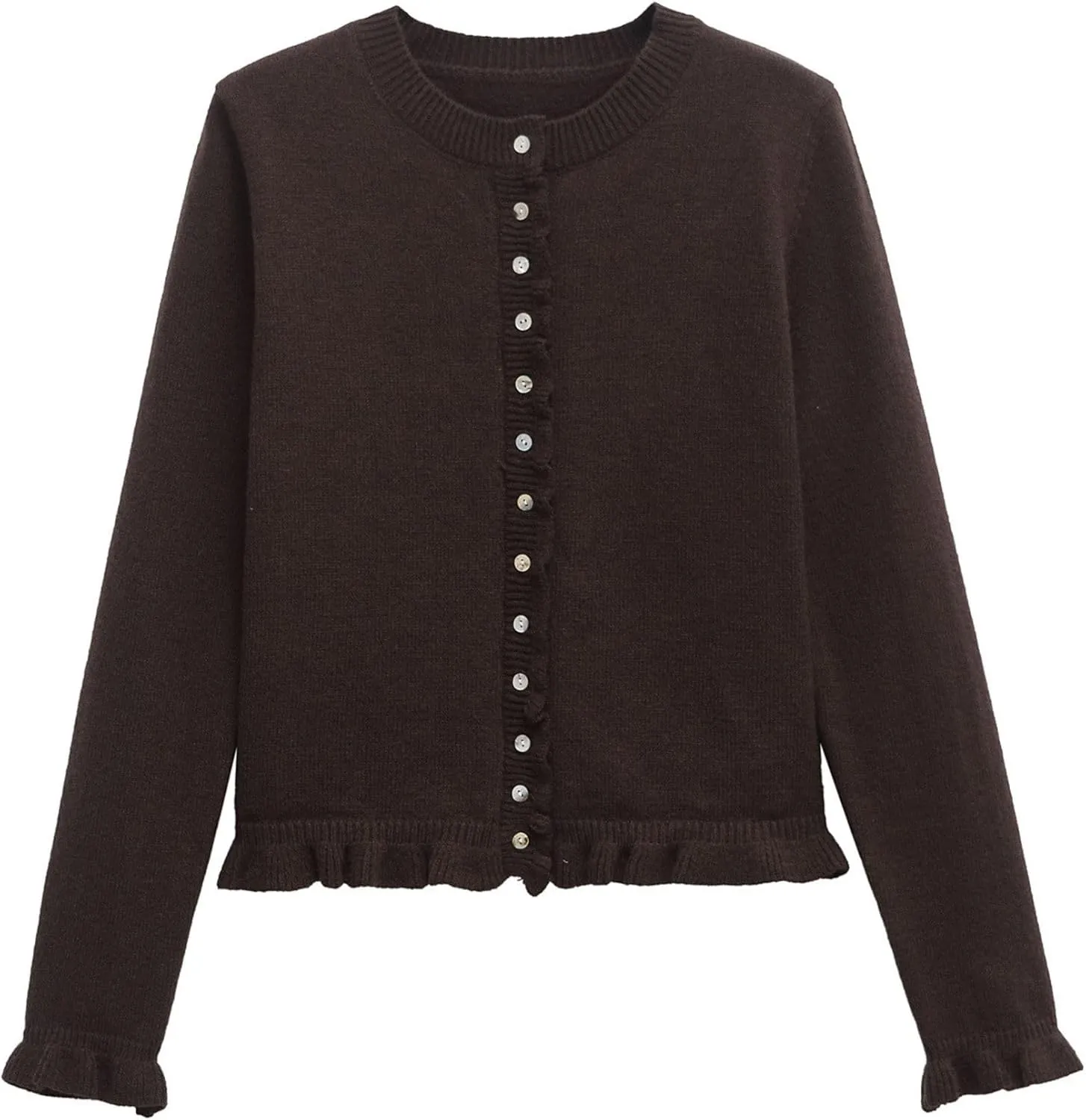 FindThy Womens Cropped Cardigan Sweater Trendy Crewneck Ruffle Long Sleeve Button Down Knitwear Tops