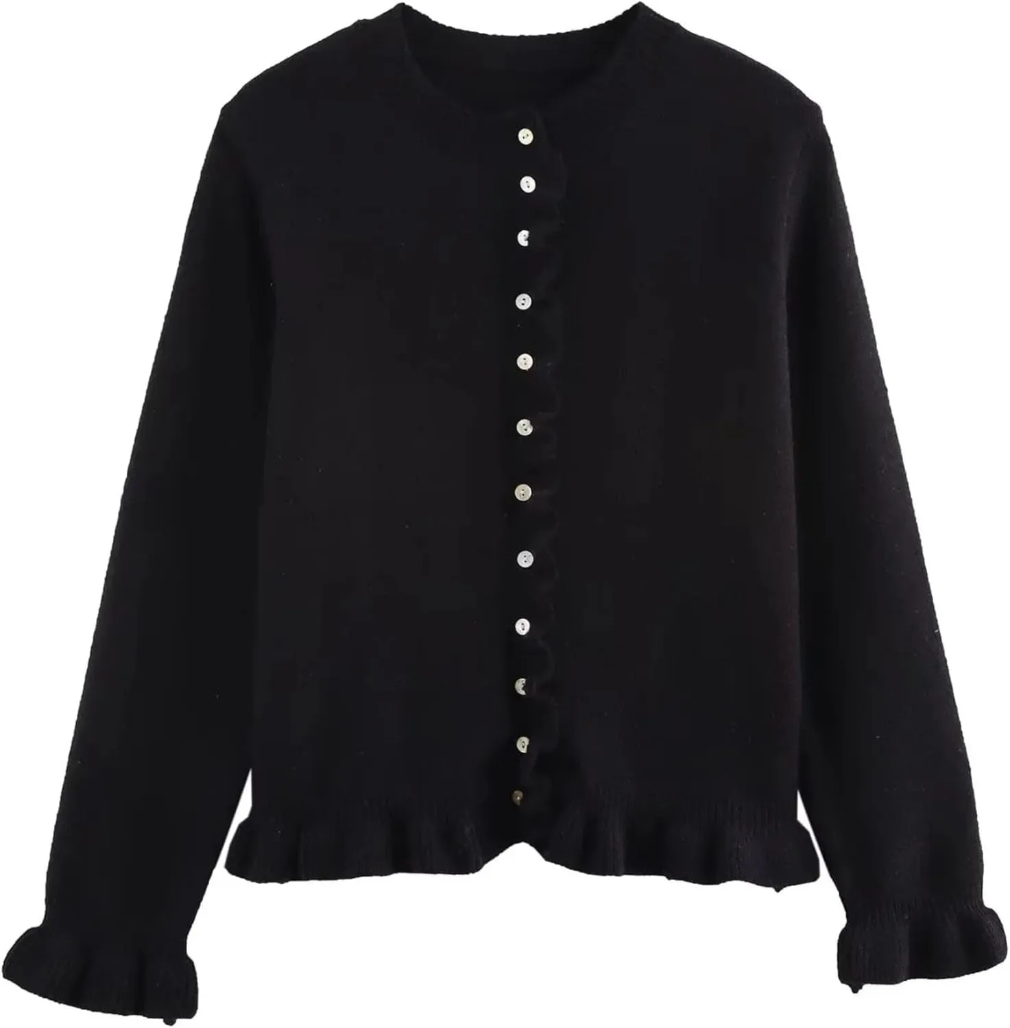 FindThy Womens Cropped Cardigan Sweater Trendy Crewneck Ruffle Long Sleeve Button Down Knitwear Tops
