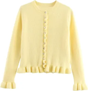 FindThy Women’s Cropped Cardigan Sweater Trendy Crewneck Ruffle Long Sleeve Button Down Knitwear Tops