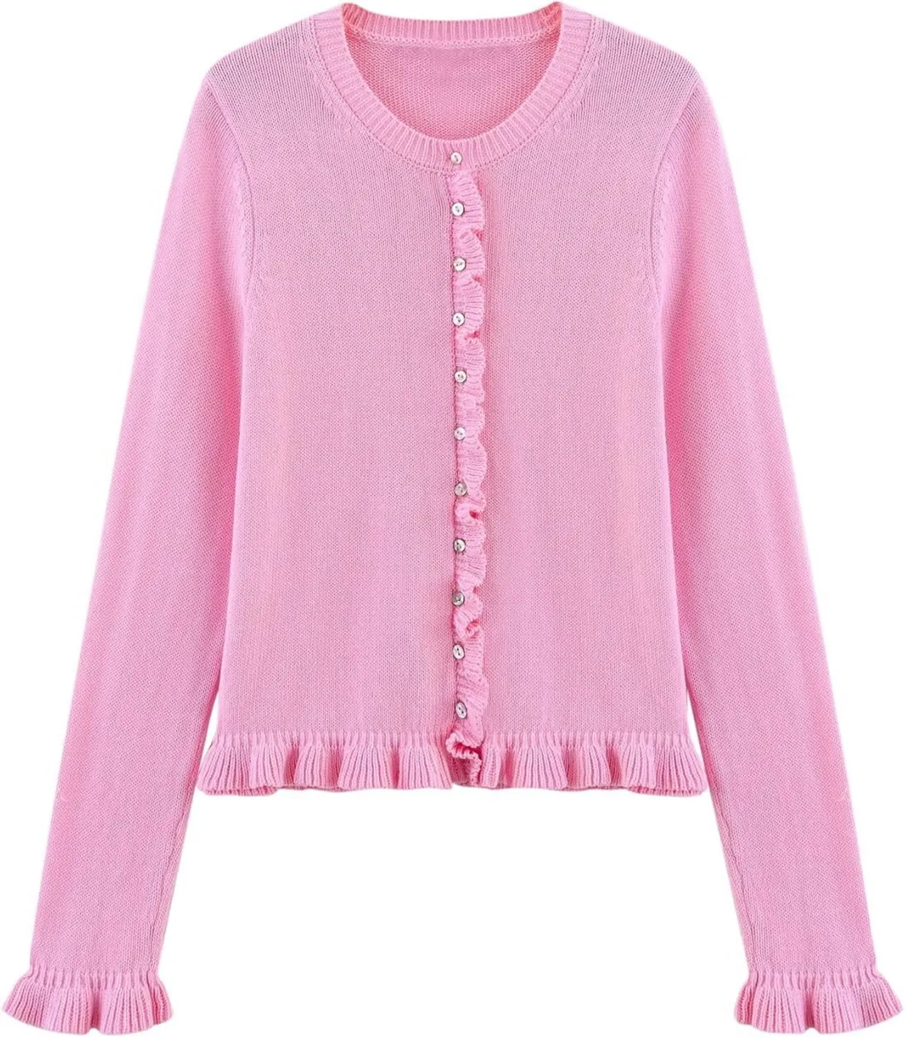 FindThy Womens Cropped Cardigan Sweater Trendy Crewneck Ruffle Long Sleeve Button Down Knitwear Tops