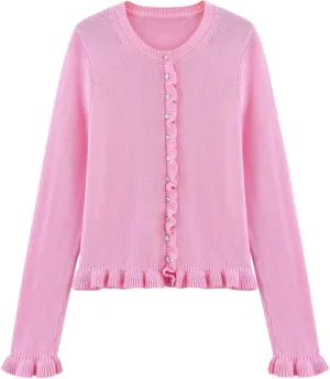 FindThy Womens Cropped Cardigan Sweater Trendy Crewneck Ruffle Long Sleeve Button Down Knitwear Tops