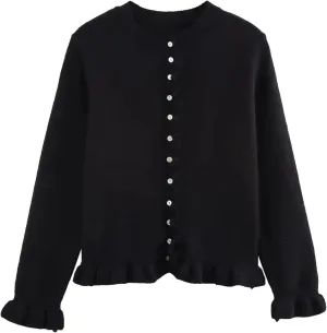 FindThy Womens Cropped Cardigan Sweater Trendy Crewneck Ruffle Long Sleeve Button Down Knitwear Tops