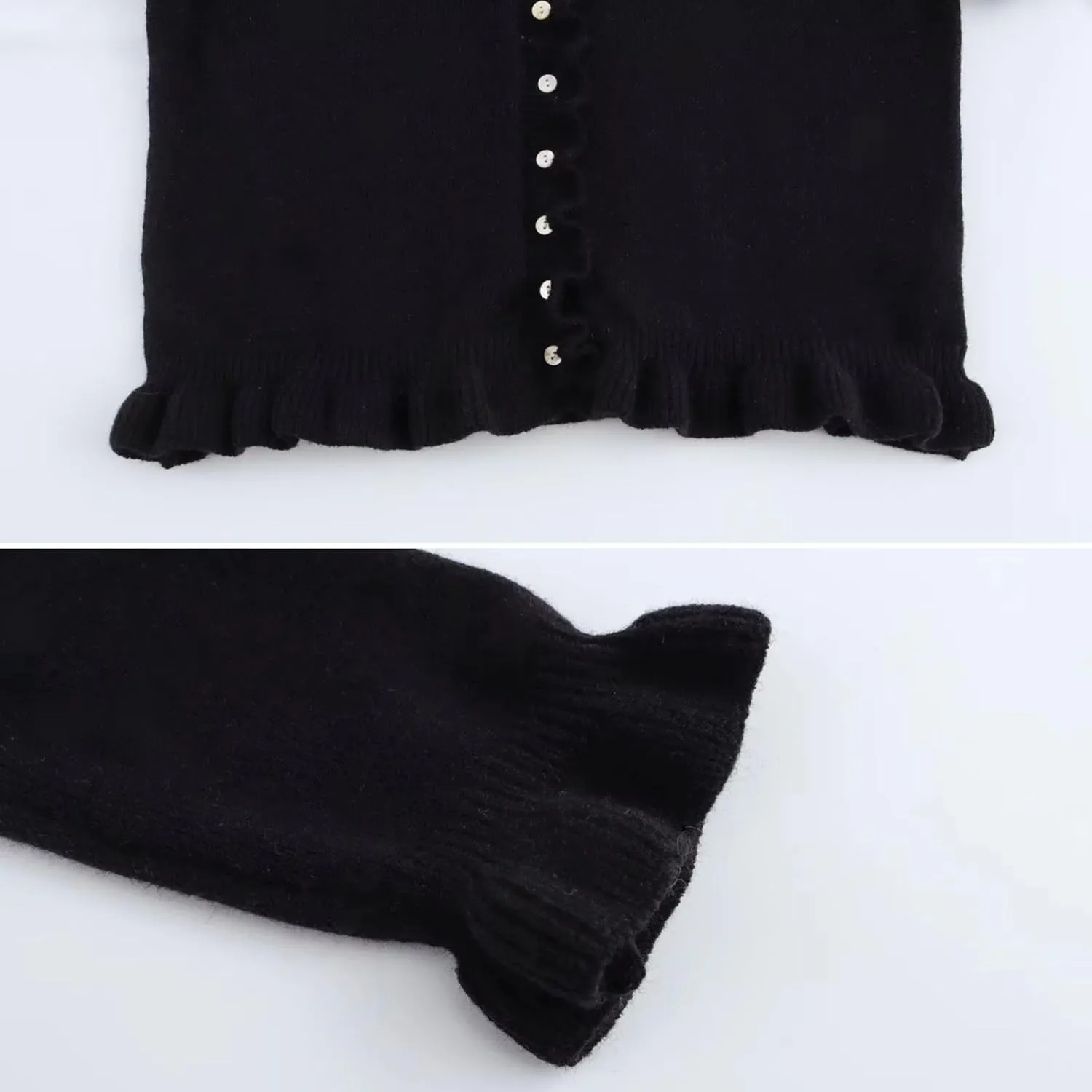 FindThy Womens Cropped Cardigan Sweater Trendy Crewneck Ruffle Long Sleeve Button Down Knitwear Tops