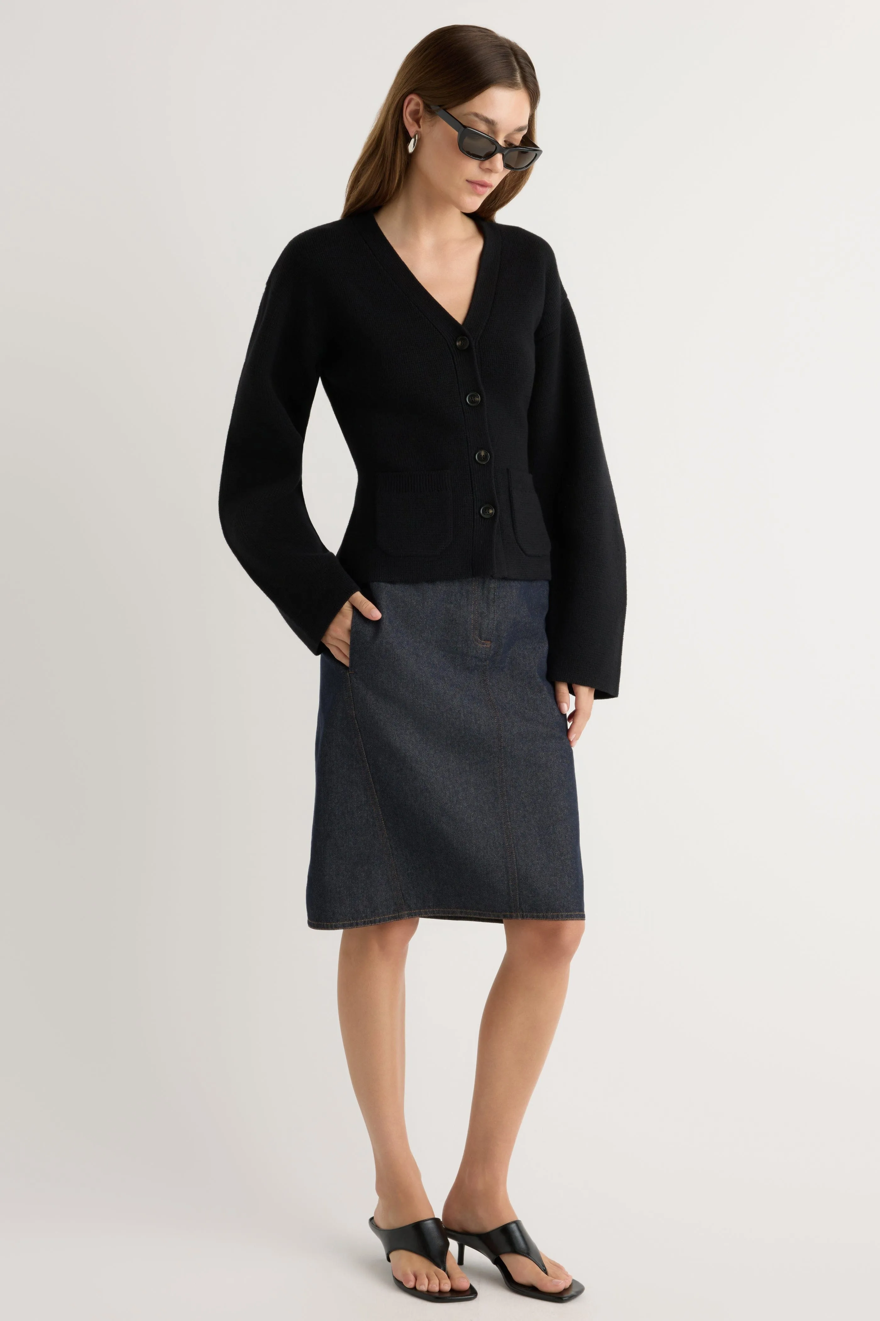 Sleek Detail Johanna Knee-Length Denim Skirt