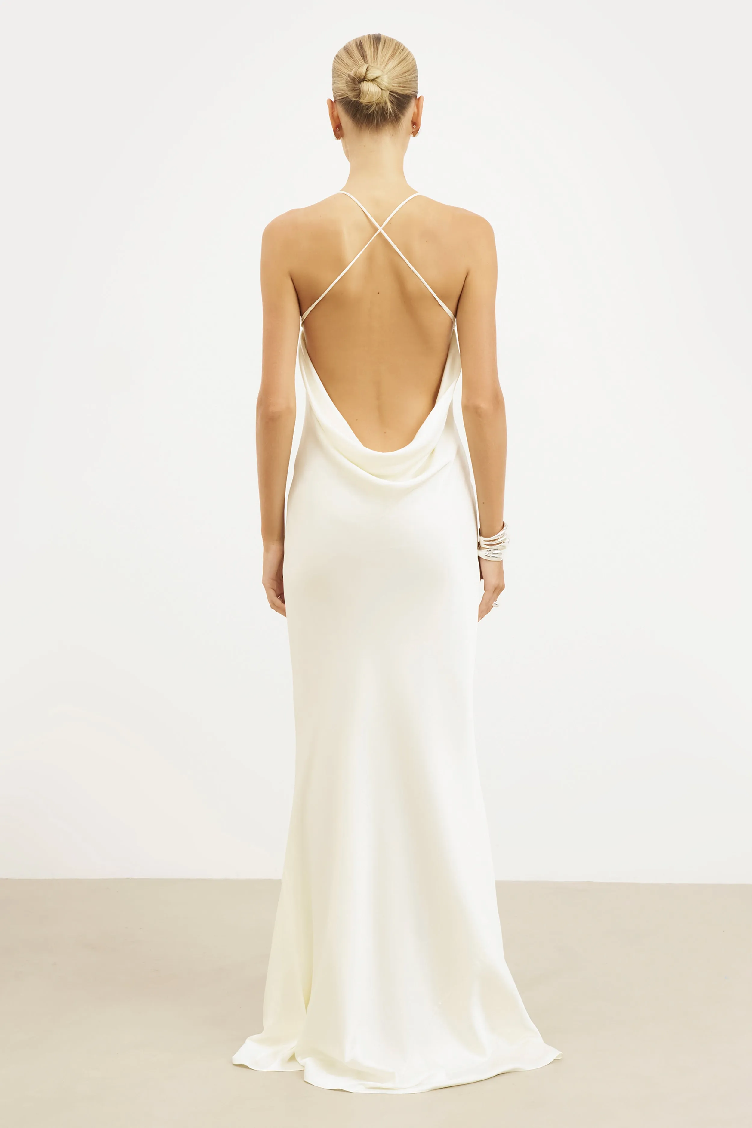 Lace Detail Satin Slinky Cowl Back Gown - Ivory