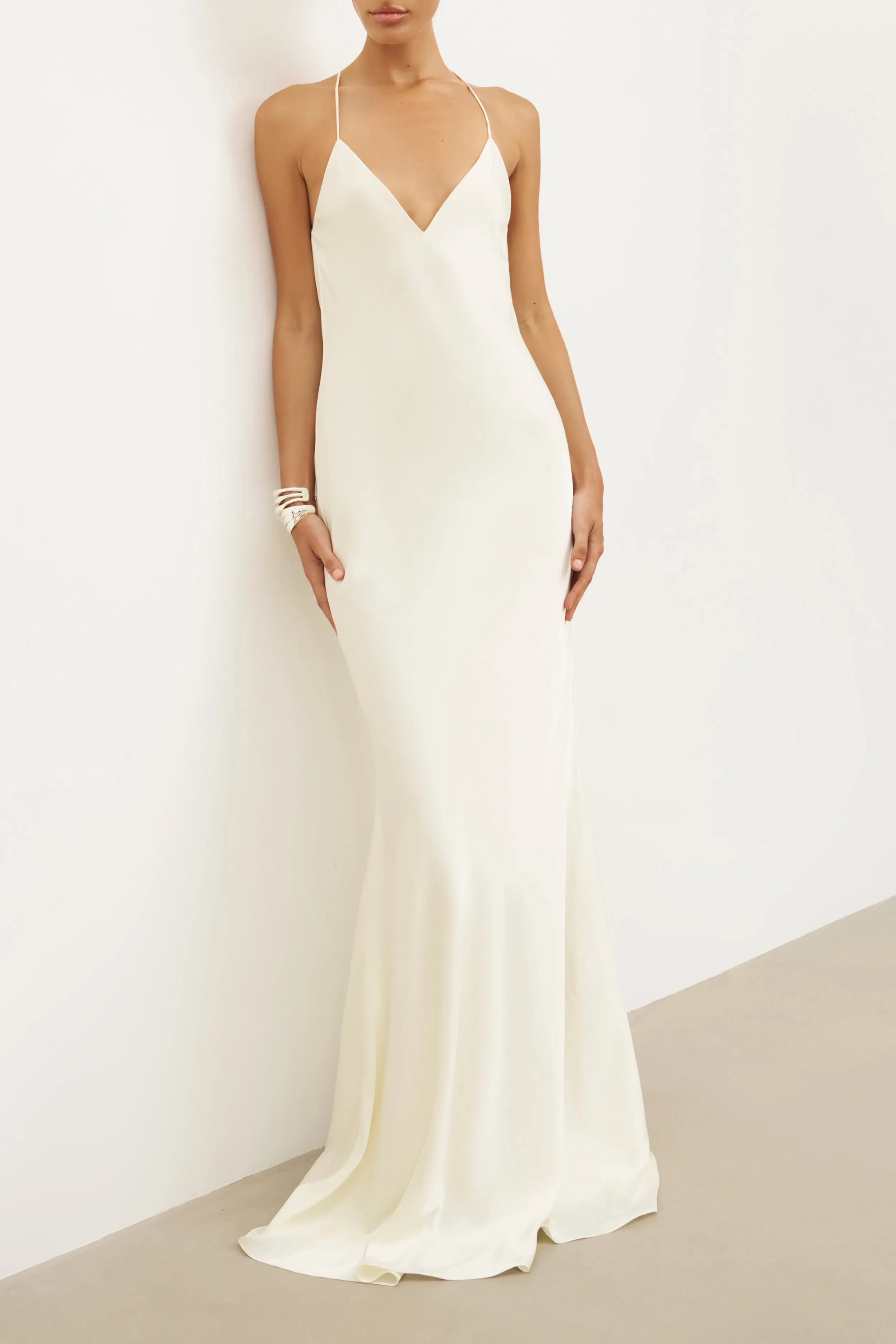 Event Safe Relaxed Design Satin Slinky Cowl Back Gown - Ivory