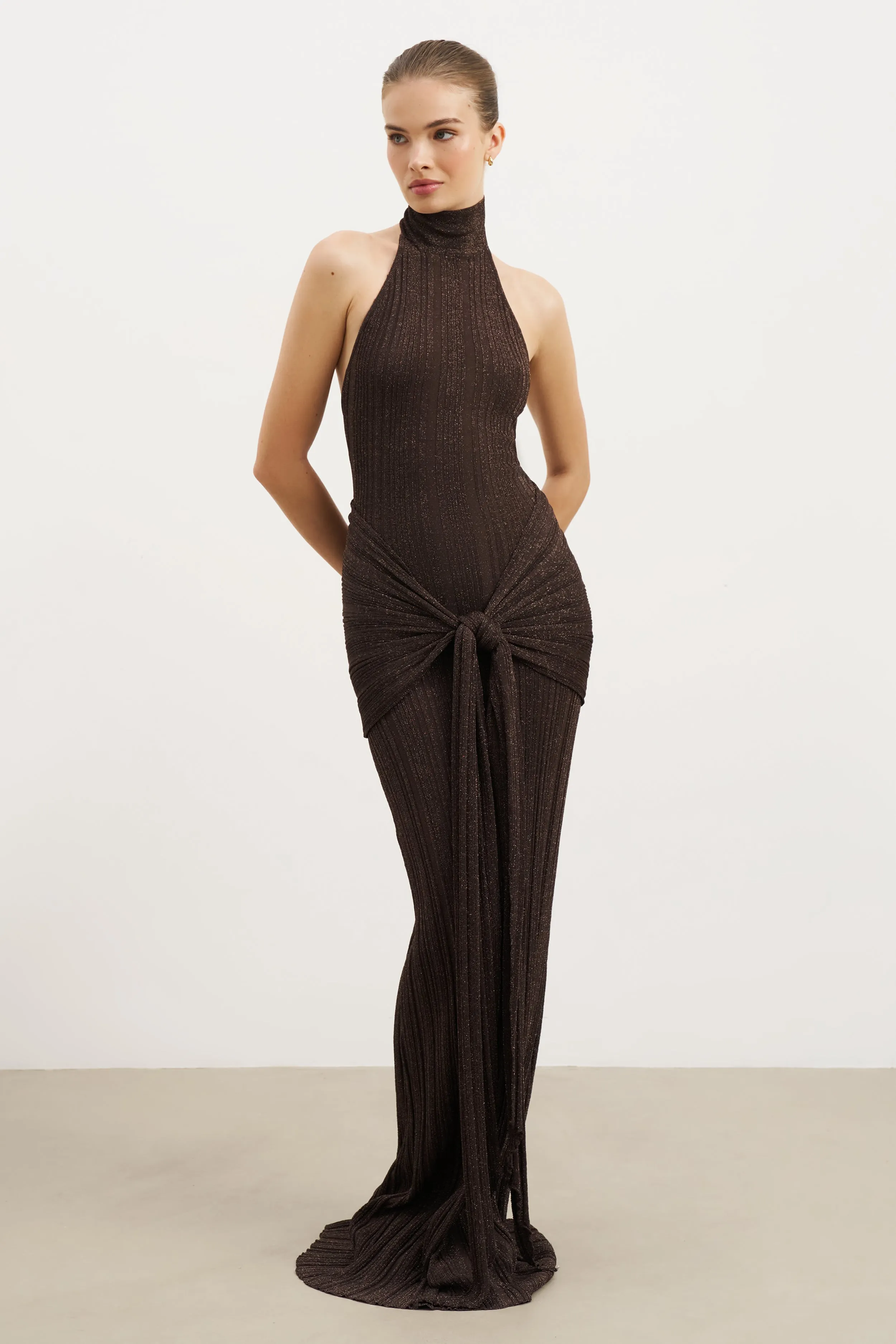 Night Vibes Cozy and Comfortable Fine Knit Gathered Halter Neck Maxi Dress - Carob Shimmer