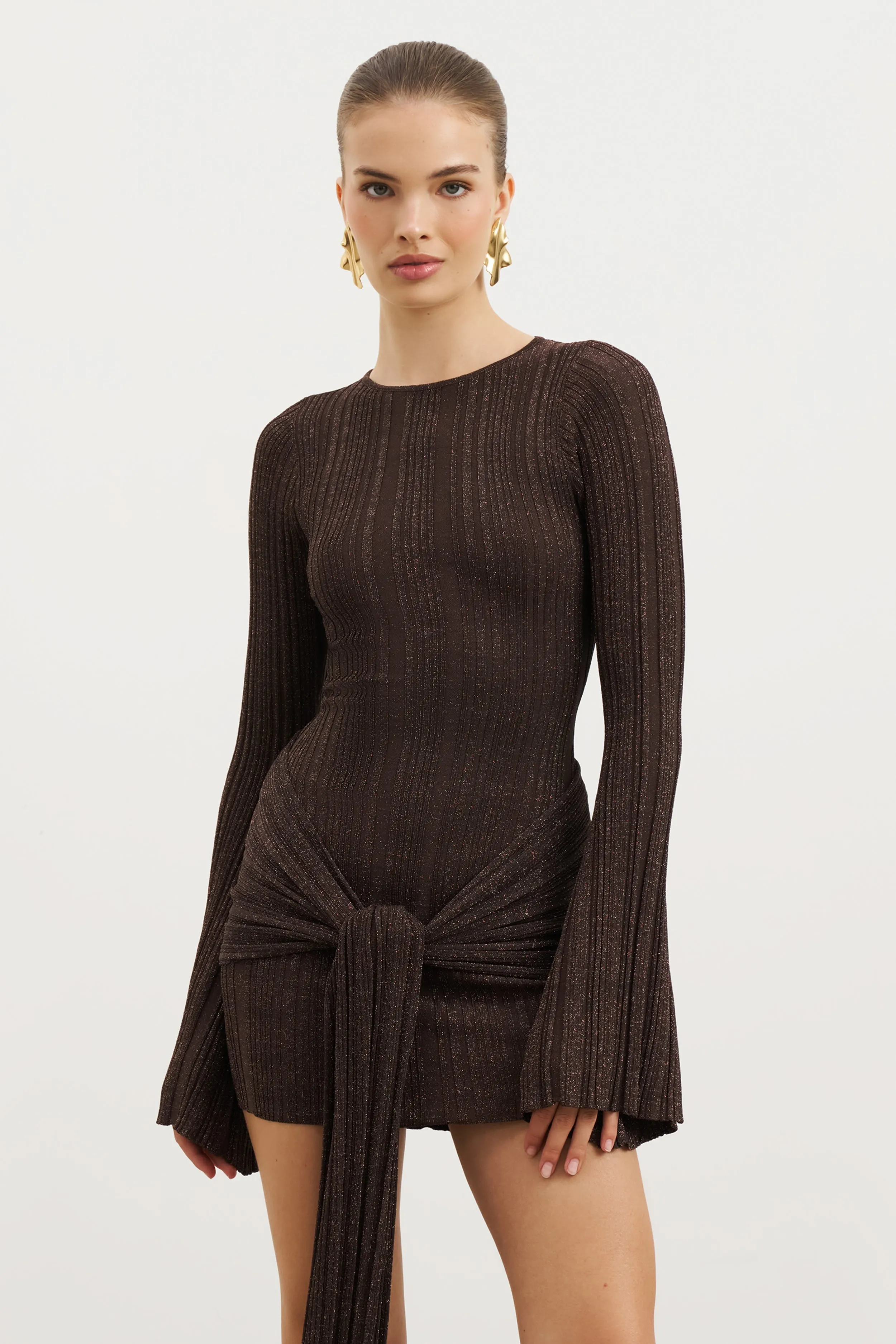 Gentle Flow Fine Knit Gathered Longsleeve Mini Dress - Carob Shimmer