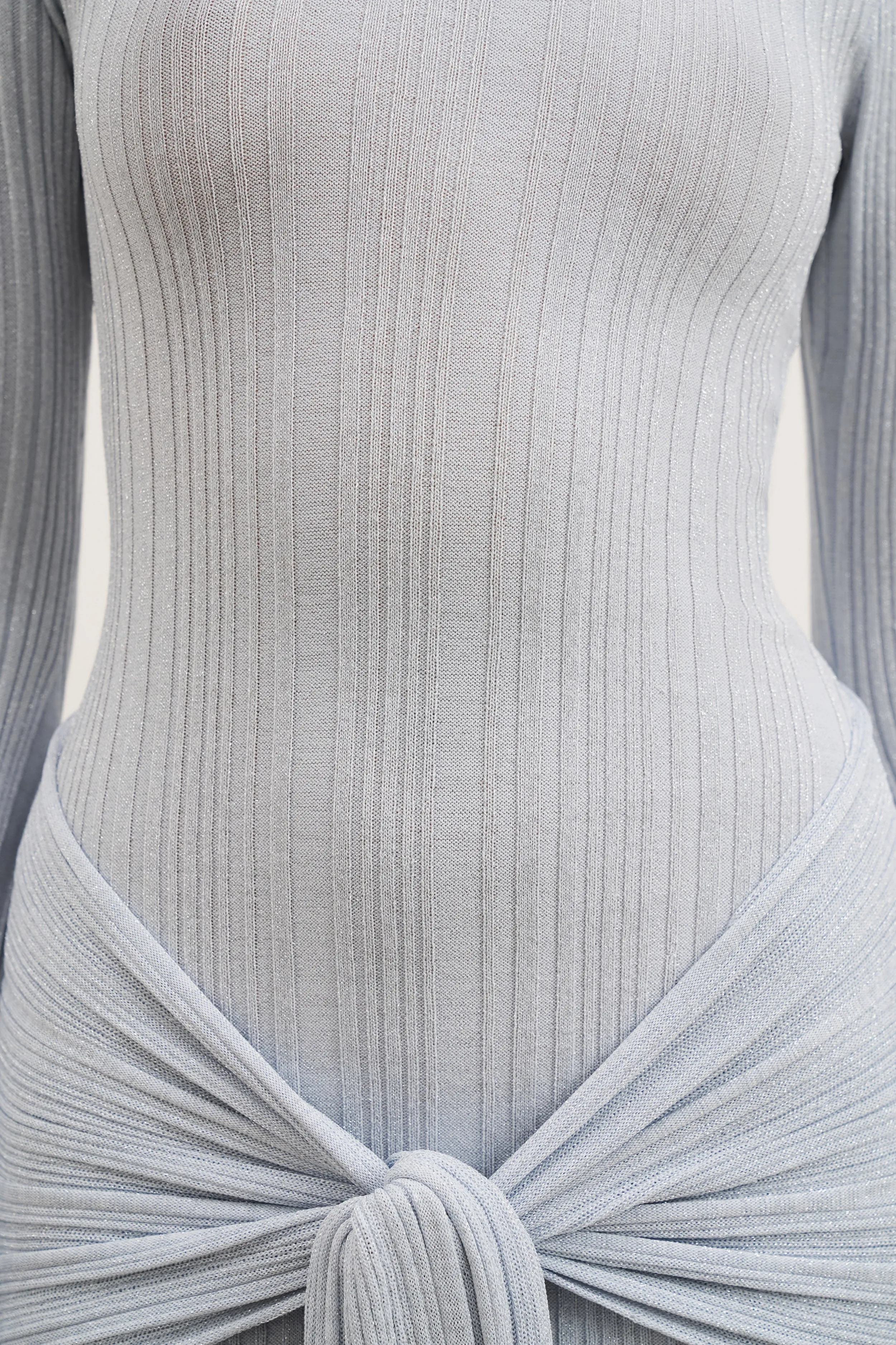 Silky texture Fine Knit Gathered Longsleeve Mini Dress - Powder Blue Shimmer