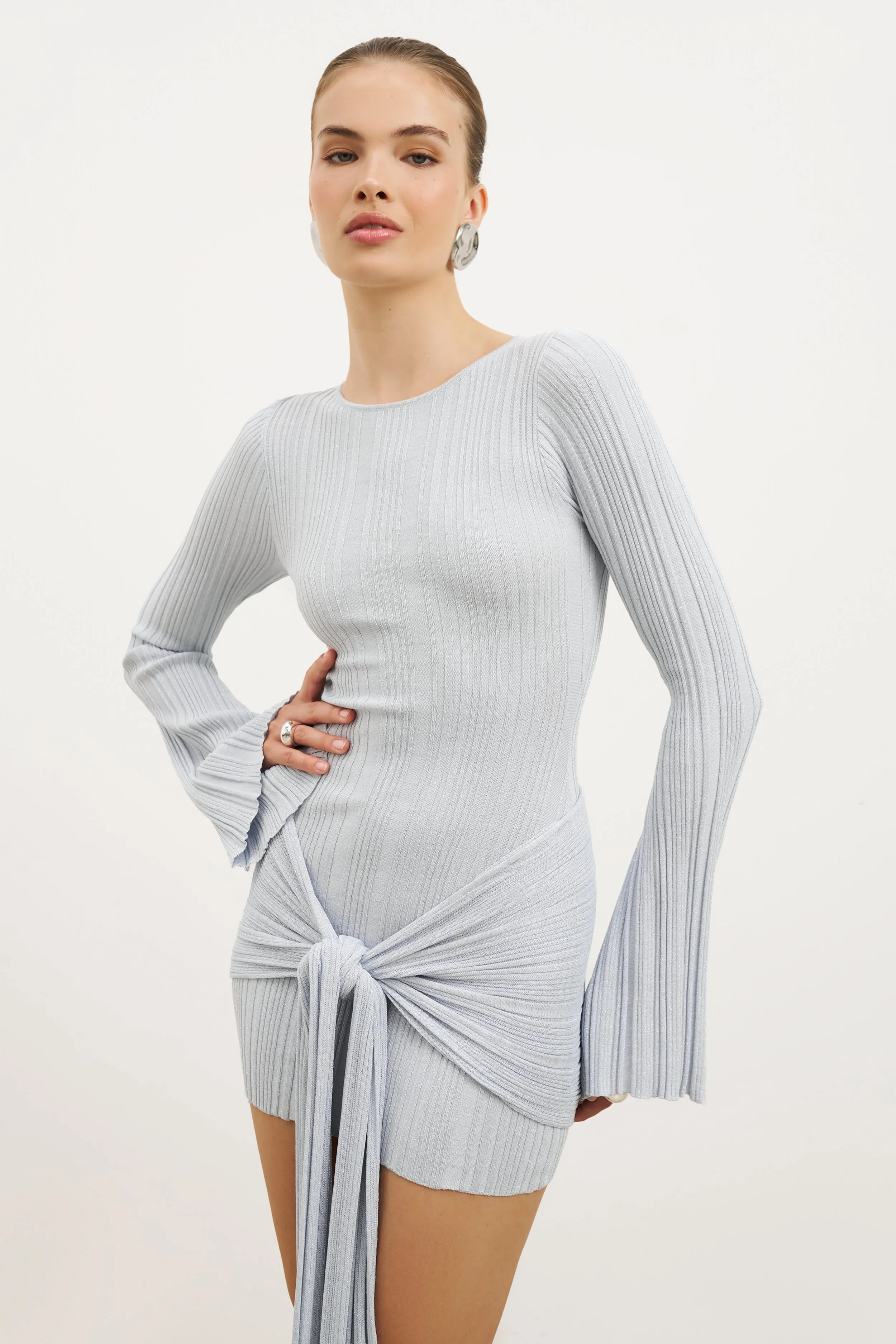 Chic and Cozy Wear Fine Knit Gathered Longsleeve Mini Dress - Powder Blue Shimmer