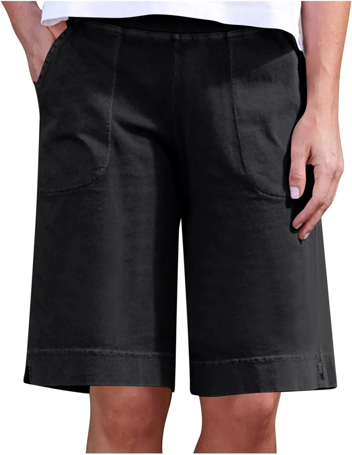 Finelylove Womens Linen Shorts High Waisted Long Bermuda Shorts Comfy Summer Beach Shorts Dressy Casual Work Trouser Shorts