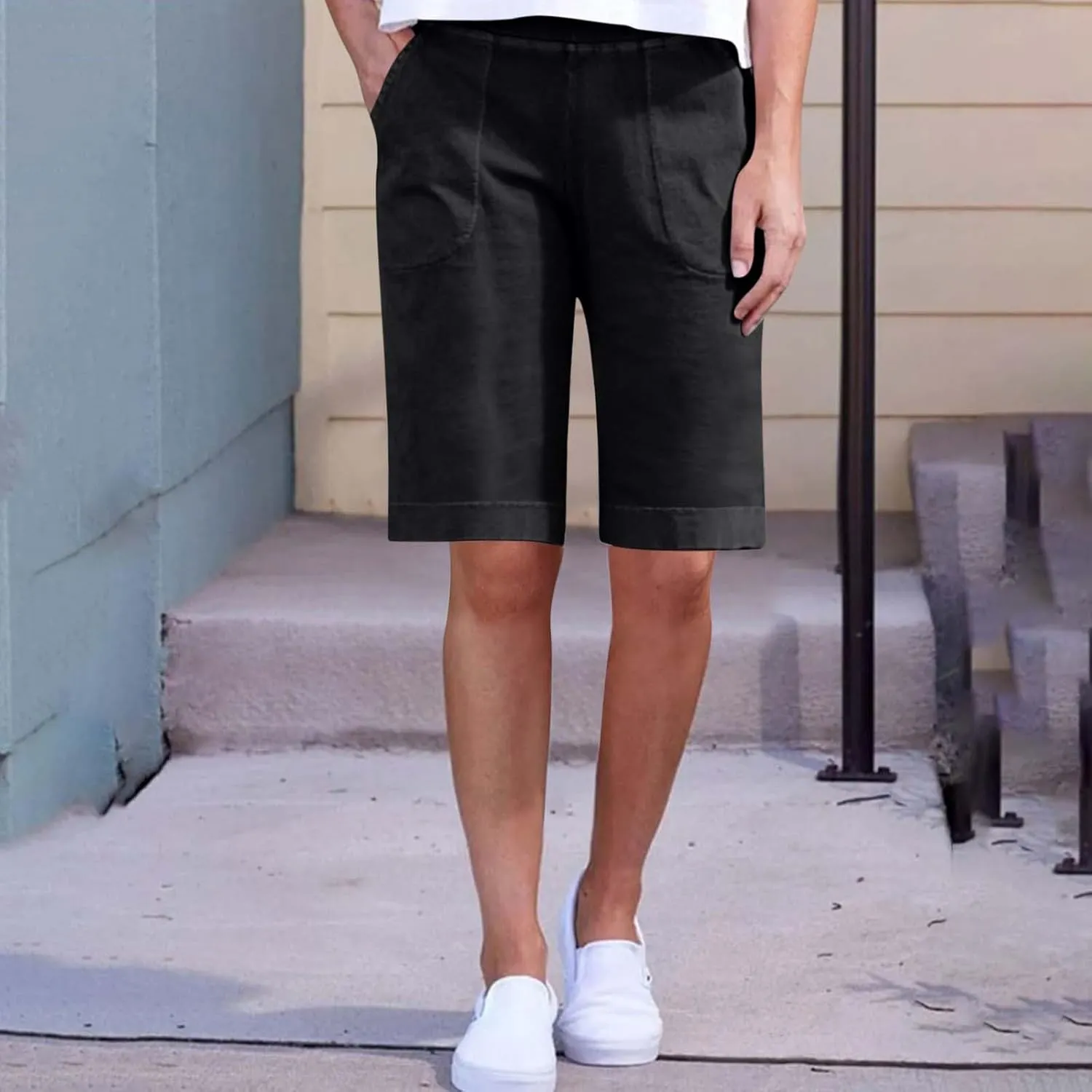Finelylove Womens Linen Shorts High Waisted Long Bermuda Shorts Comfy Summer Beach Shorts Dressy Casual Work Trouser Shorts