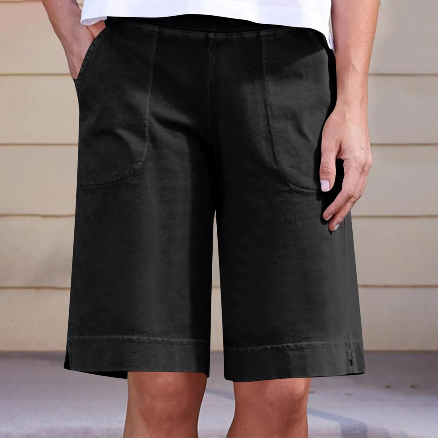 Finelylove Womens Linen Shorts High Waisted Long Bermuda Shorts Comfy Summer Beach Shorts Dressy Casual Work Trouser Shorts