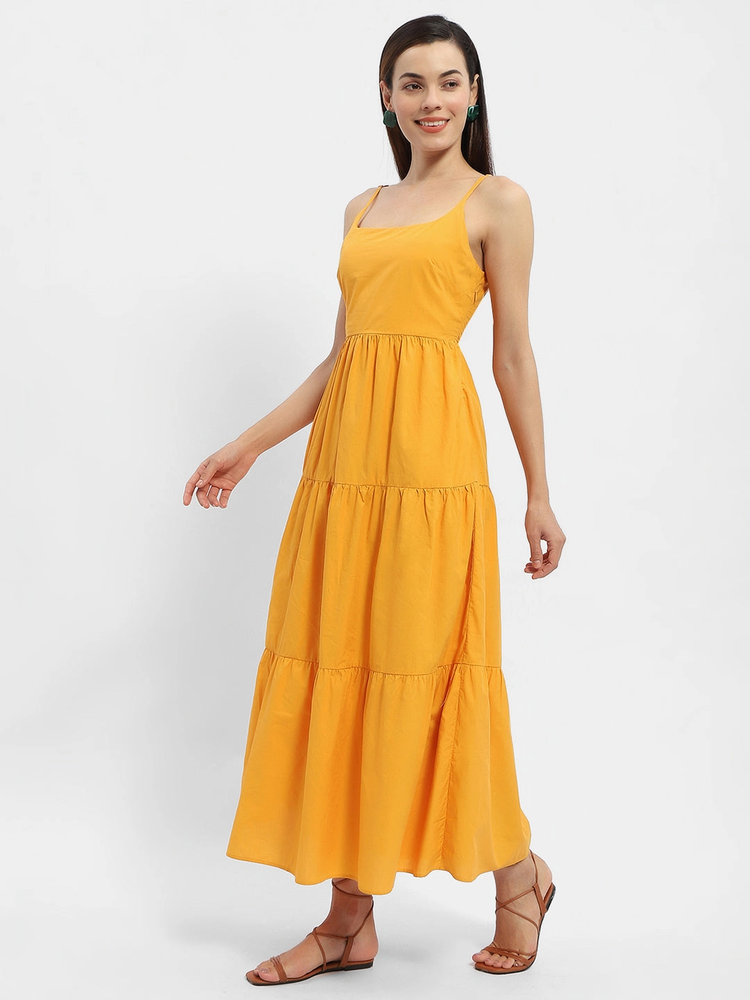 Trend Texture ContrastStitching Madame Cami Neck Orange Tiered Maxi Dress