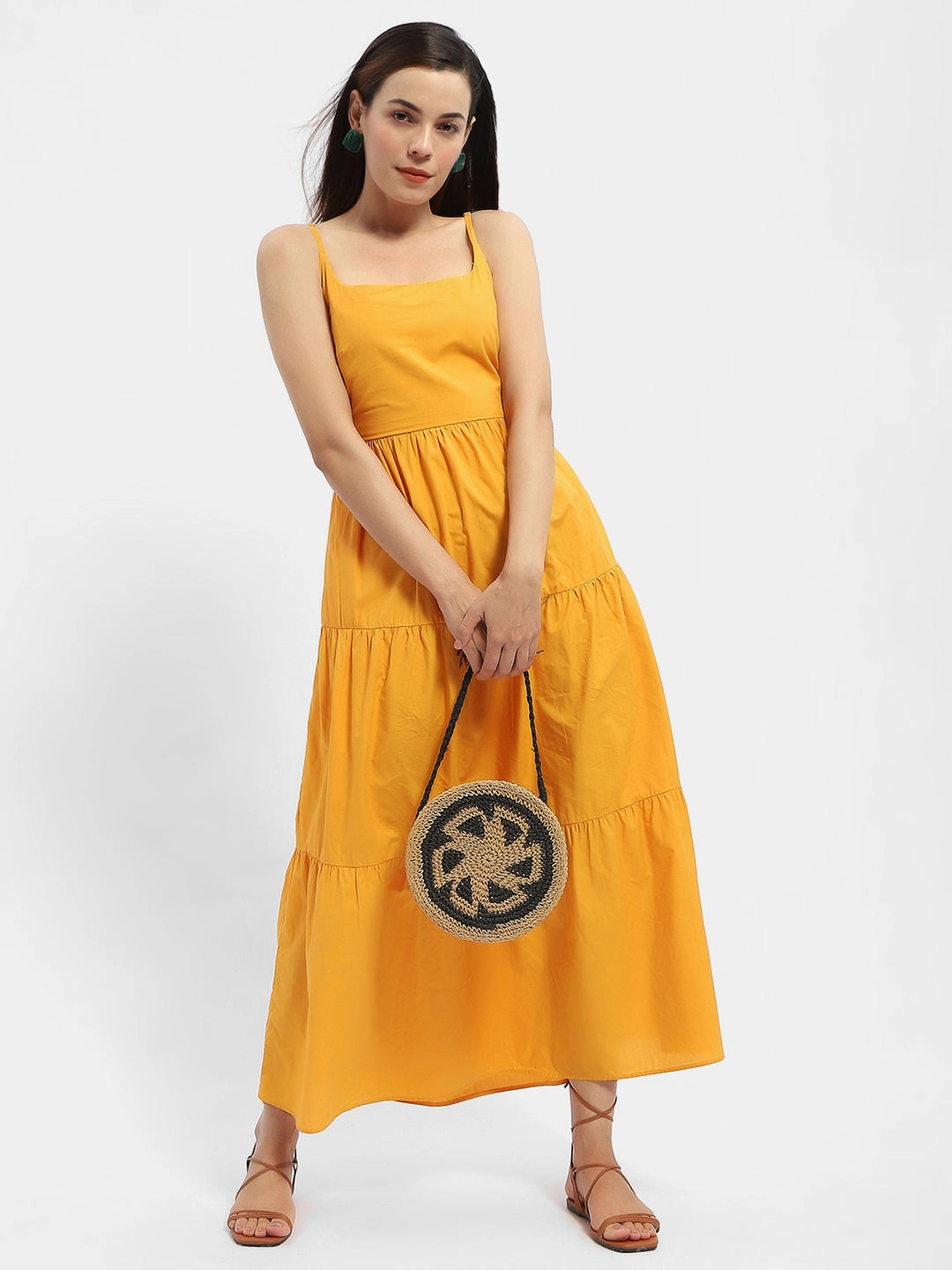 Madame Cami Neck Orange Tiered Maxi Dress Slim Shape