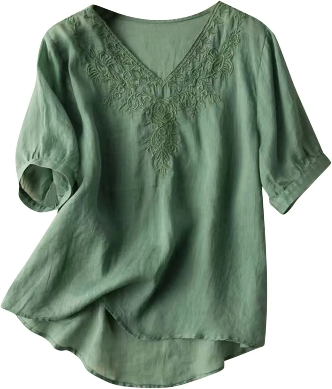 Firzero Cotton Linen Tops for Women Summer 3/4 Sleeve Vintage Embroidery Shirts Casual Loose Tunic Tee Floral Printed Blouses, Medium