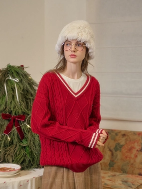 Reese V-Neck Constraing Ribbed Wool Sweater - Red Casual Comfort Butter Soft Yarn