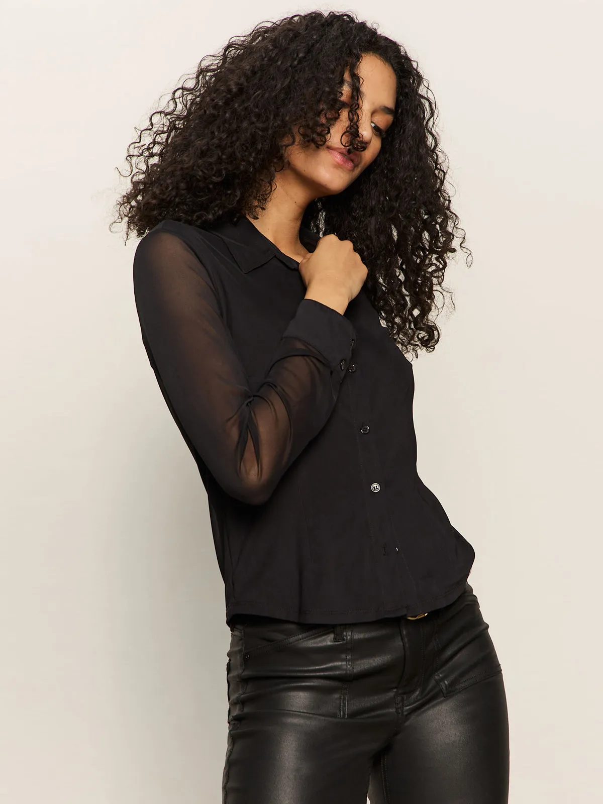 Fitted Mesh Button Down Top Black Minimalist Style Reinforced Shoulders