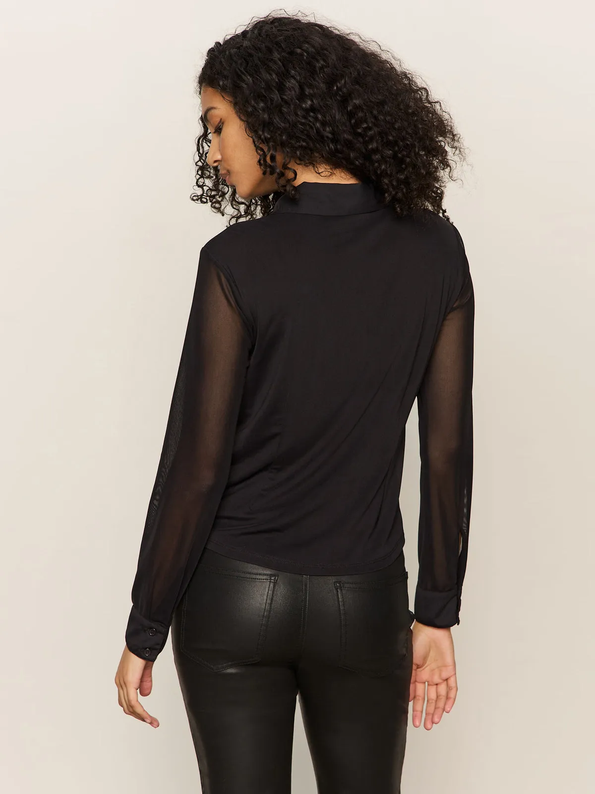 Lightweight Look Fitted Mesh Button Down Top Black