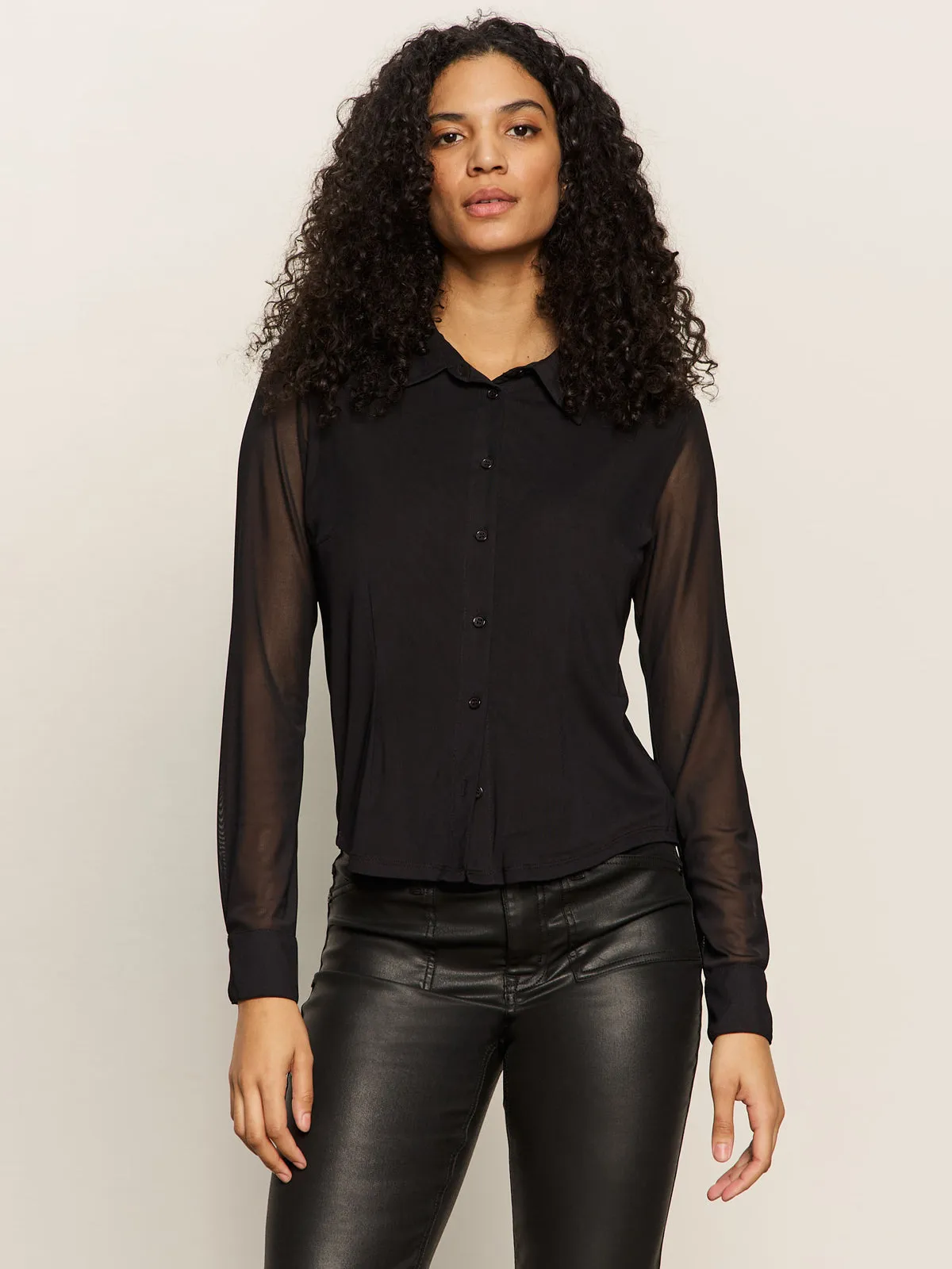 Daily Style Soft Waistband Fitted Mesh Button Down Top Black