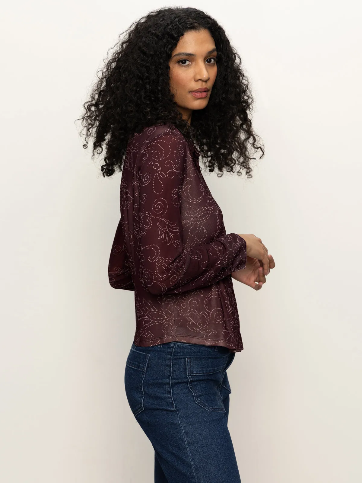 Layered Look Fitted Mesh Button Down Top Boheme