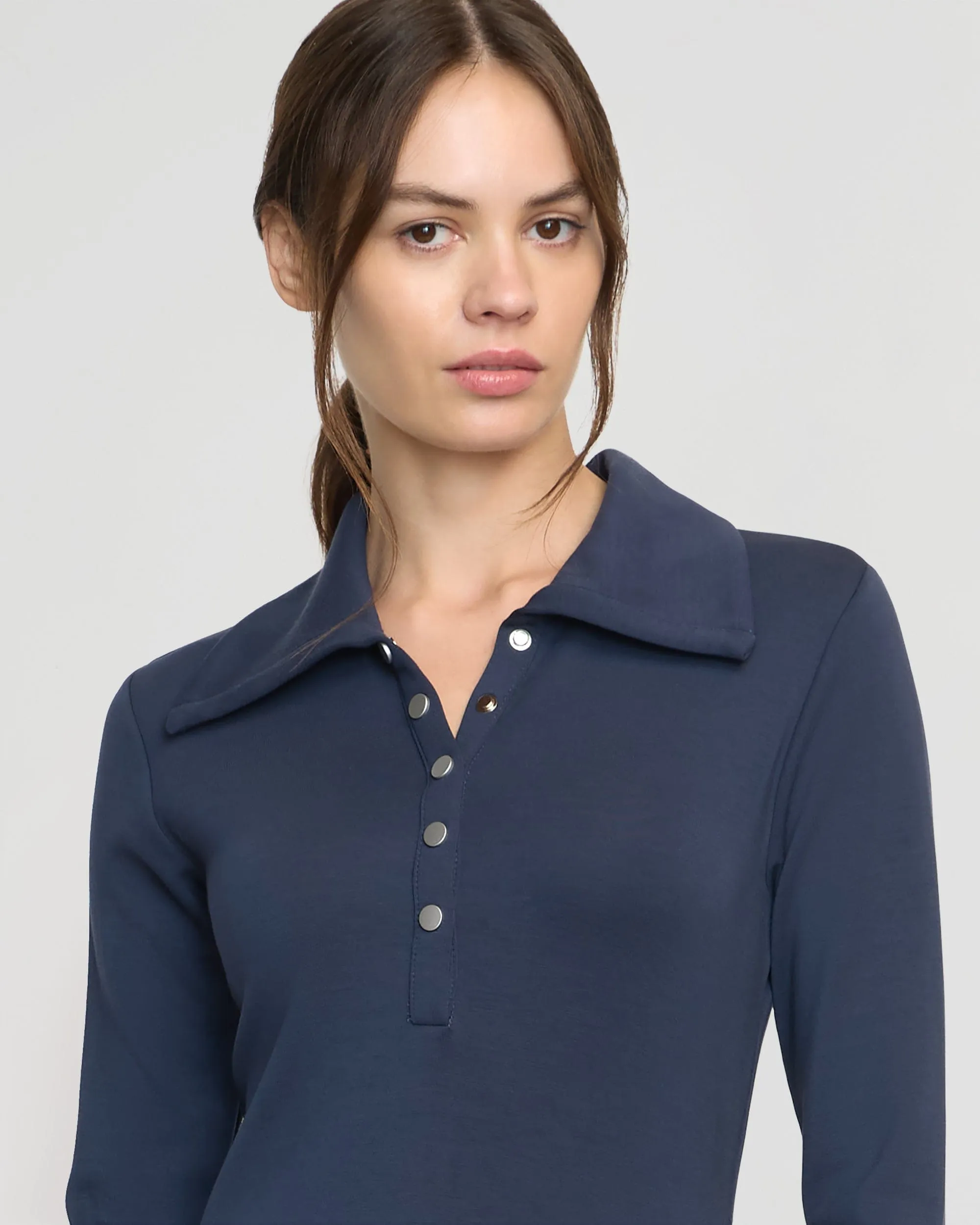Shawna Button-Accent Collared Dress Jewel Accent Modern Waist