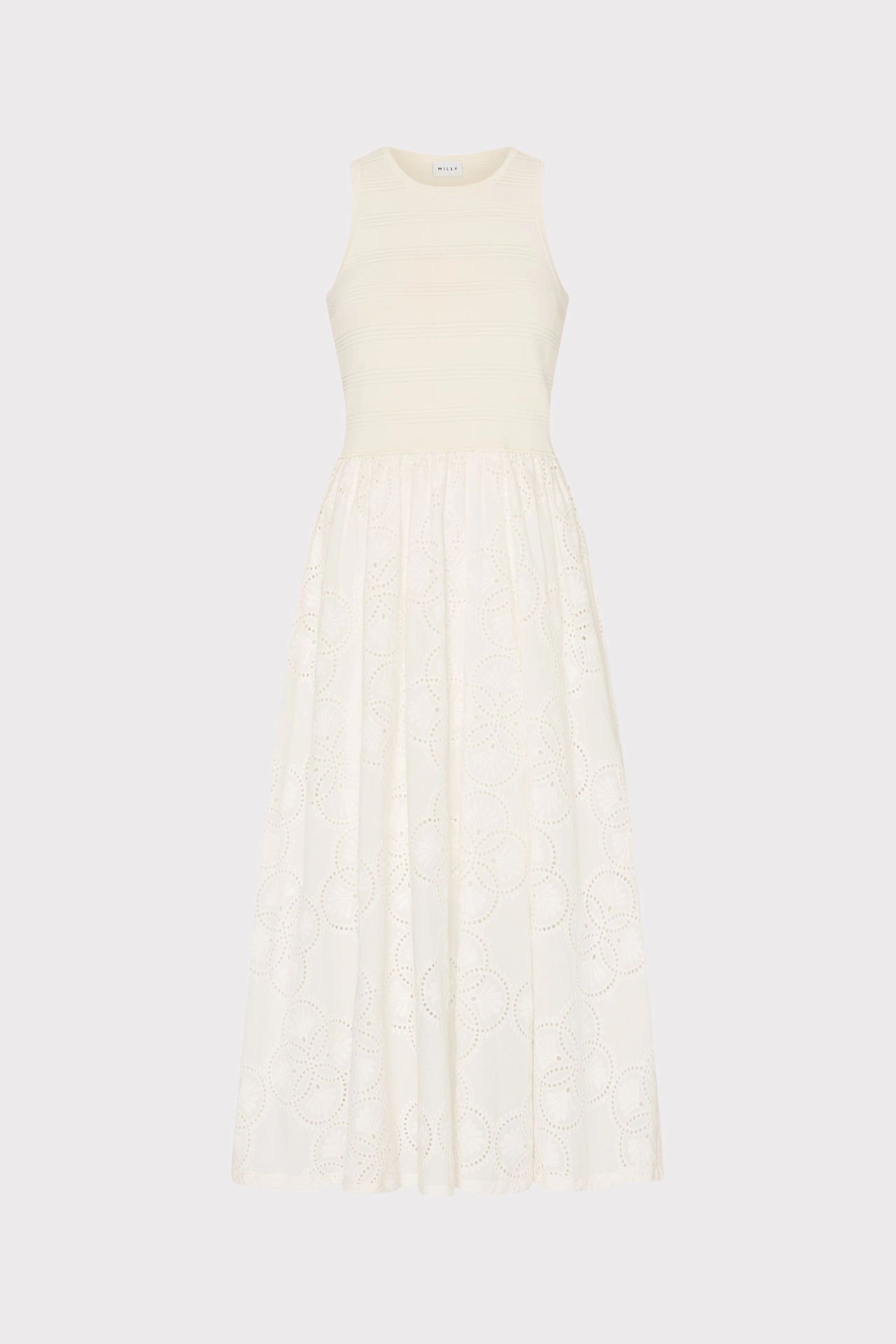 Geo Eyelet Knit Combo Midi Dress Moisture Wicking Yarn